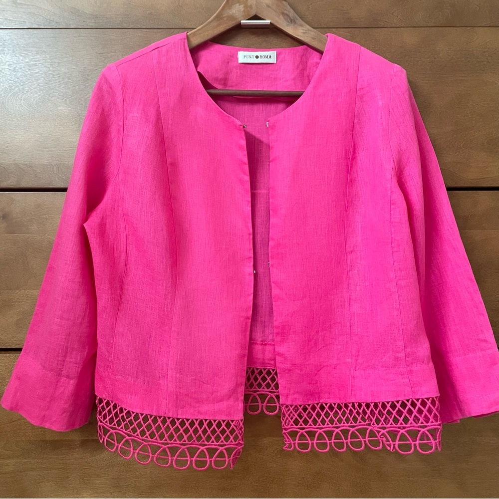 Punt Roma 100% Linen Blazer Jacket Sz 10 Pink 3/4 Sleeve Office Summer Feminine - Picture 3 of 12